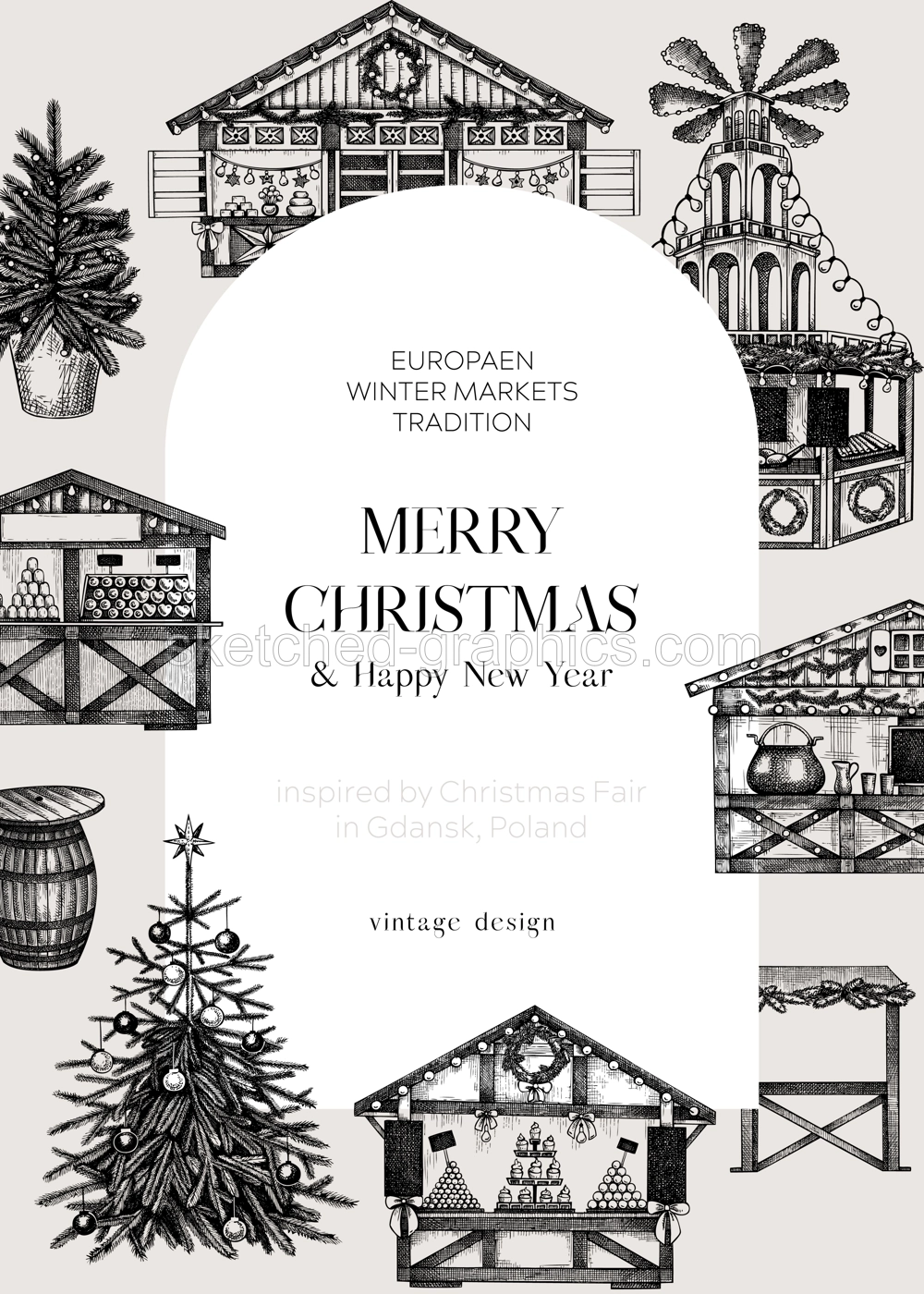 Christmas market frame design. Traditional European Christmas market with souvenir stalls, Christmas tree, candy shops sketches. Winter holidays invitation or greeting card template. Illustration